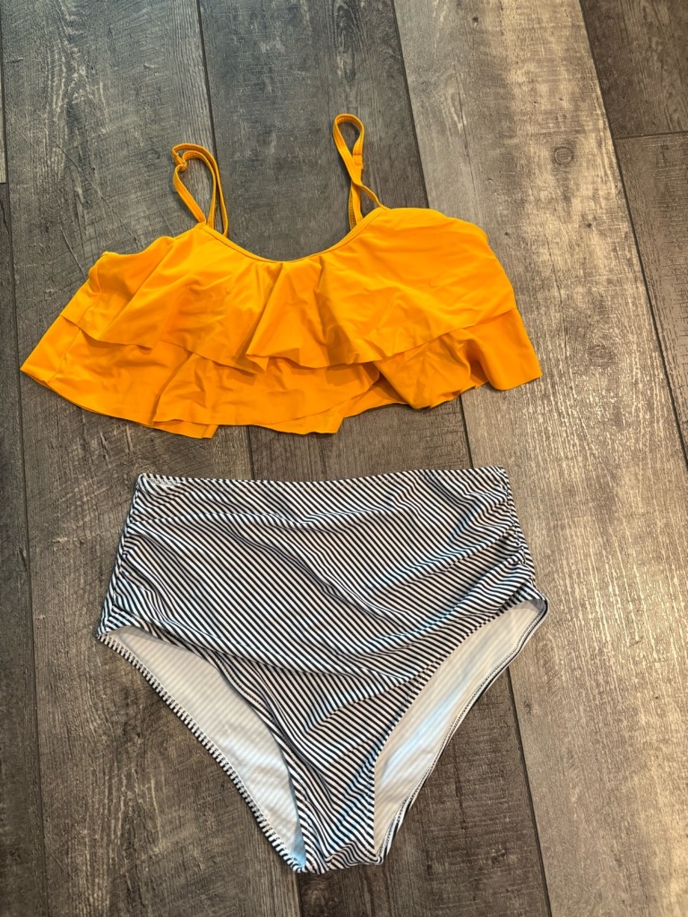 Yellow Ruffle Bikini Top with High-Waist Black & White Striped Bottom
